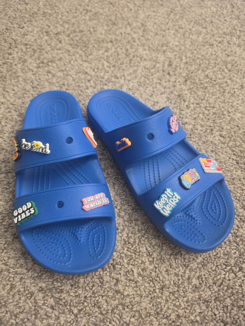 EUC Blue CROCS Slide Sandals with Charm Accents Included
